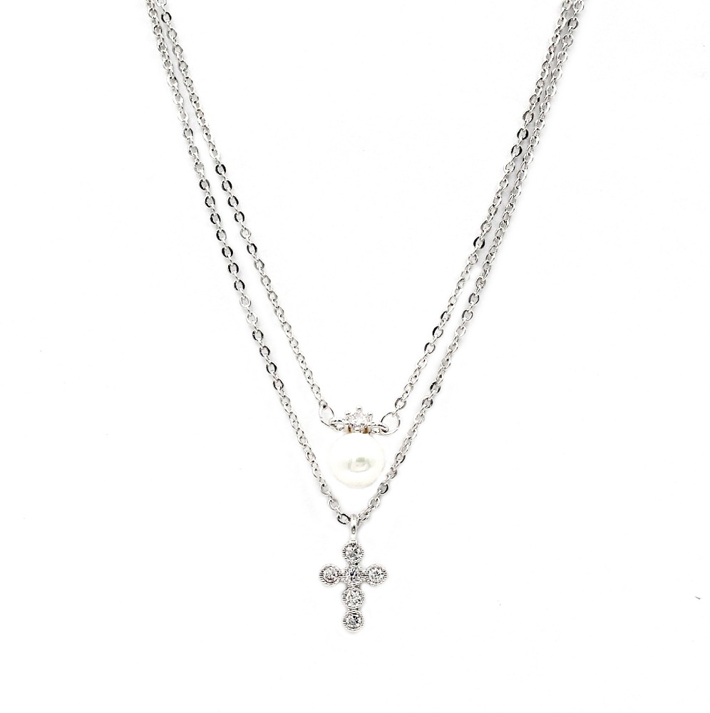 Silver duplexes mini crystal cross pearl necklace
